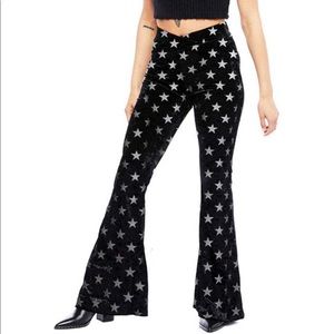 Last 1 black silver star velvet bell bottom pants
